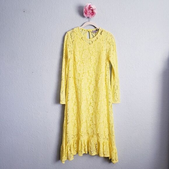 ASOS Yellow Lace Long Sleeve Midi Dress - Picture 2 of 10